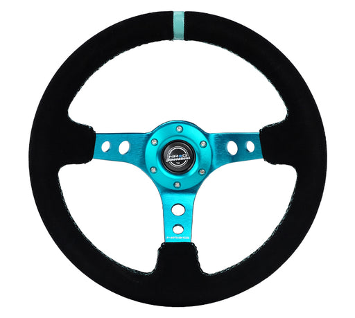 NRG NRG 350mm Sport Steering Wheel Black Suede/Teal Spoke w/Round holes/Teal Stitch, 3" Dish
