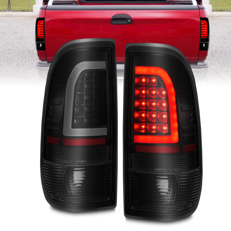 Feux arrière à LED ANZO 1997-2003 Ford F-150 avec barre lumineuse Boîtier noir Lentille fumée