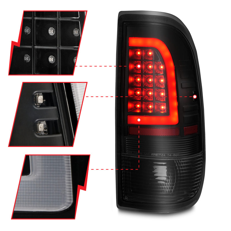 Feux arrière à LED ANZO 1997-2003 Ford F-150 avec barre lumineuse Boîtier noir Lentille fumée