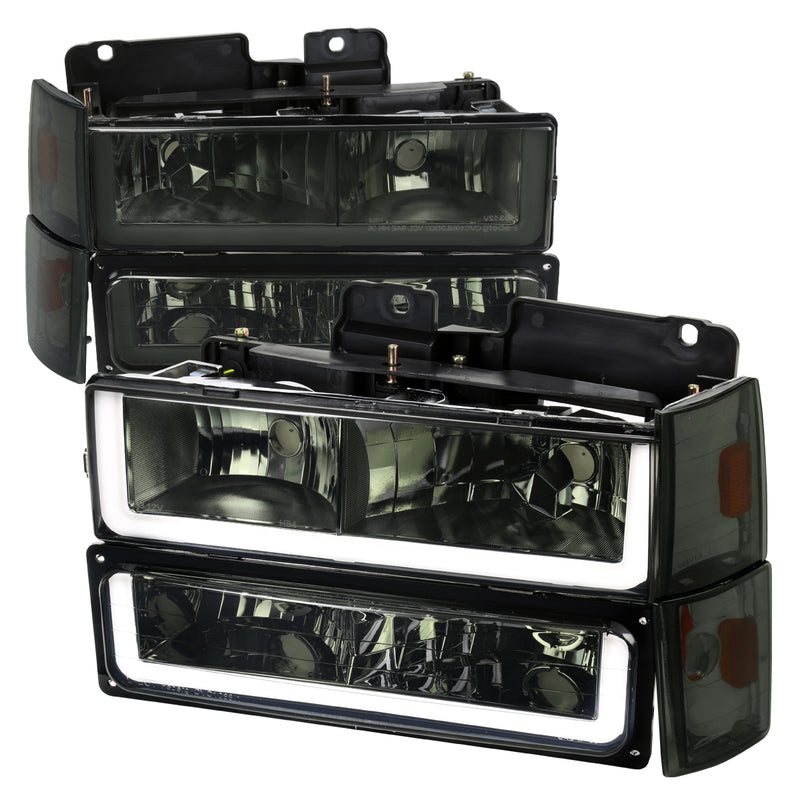 Spec-D 88-93 Chevrolet C10 Headlight Bumper Light And Corner Light Combo Chrome Housing And Smoked Lens With Led Bar 2LBCLH-C1088G-G3-GO