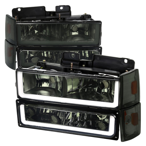 Spec-D 88-93 Chevrolet C10 Headlight Bumper Light And Corner Light Combo Chrome Housing And Smoked Lens With Led Bar 2LBCLH-C1088G-G3-GO