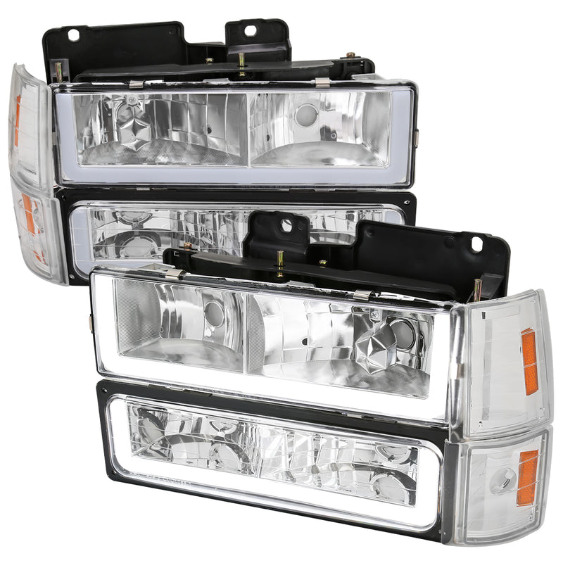 Spec-D 94-98 Gmc C10 Sierra Suburban Yukon Headlight, Bumper Light, And Corner Light Combo With Matte Black Housing Clear Lens And Led Bar 2LBCLH-GMC94-G3-GO