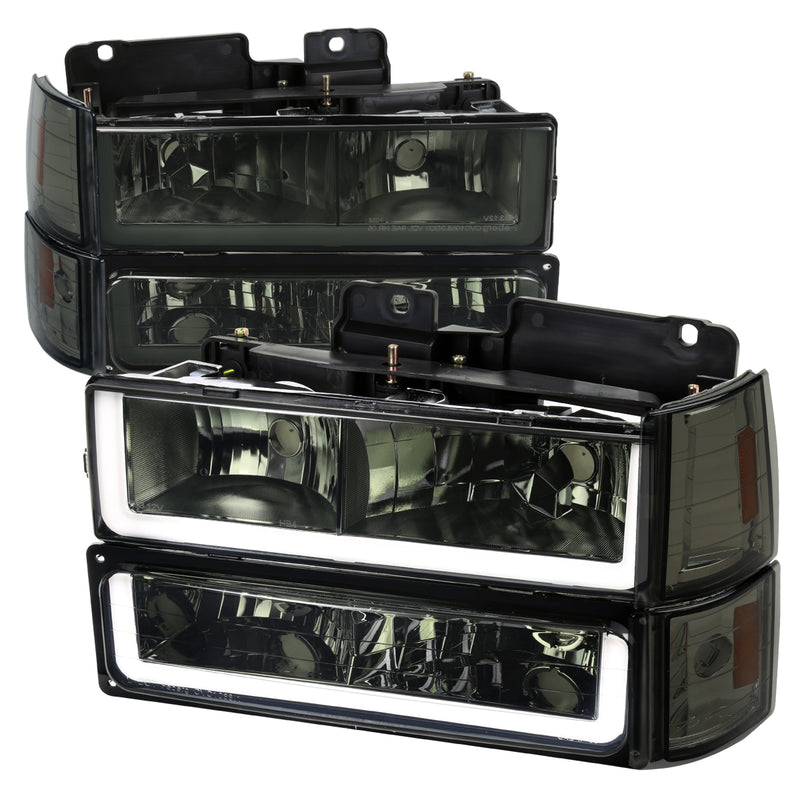 Spec-D 94-98 Gmc C10 Headlight Bumper Light And Corner Light Combo Chrome Housing And Smoked Lens With Led Bar 2LBCLH-GMC94G-G3-GO