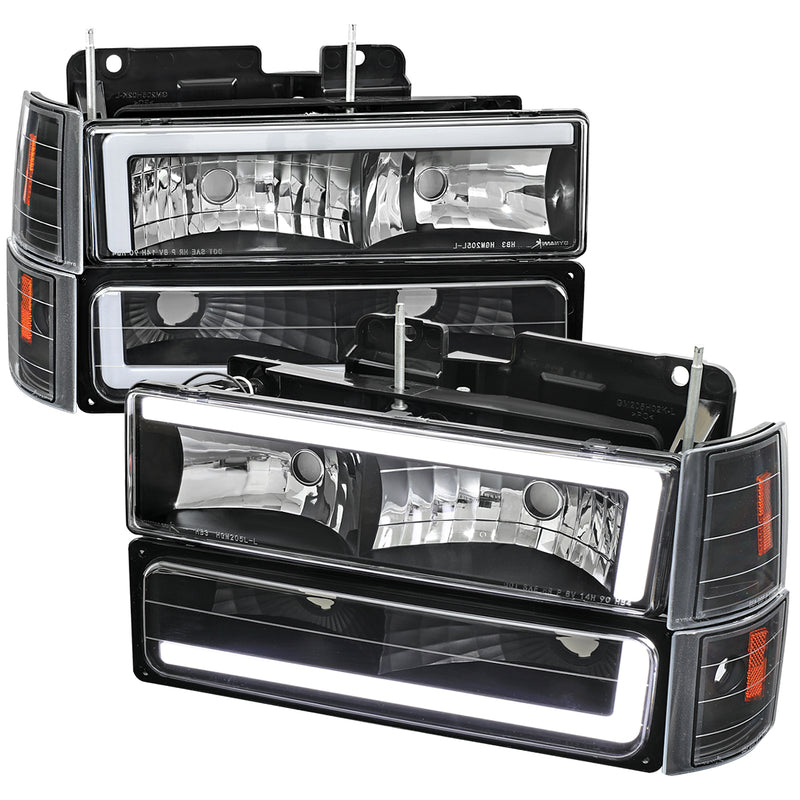 Spec-D 94-98 Gmc C/K 8 Piece Combo Set Headlights Bumper And Corner Lights With Led Bar Matte Black Housing And Clear Lens - Uses Stock Bulbs 2LBCLH-GMC94JM-G3-RS
