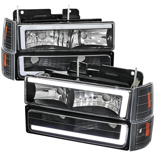 Spec-D 94-98 Gmc C/K 8 Piece Combo Set Headlights Bumper And Corner Lights With Led Bar Matte Black Housing And Clear Lens - Uses Stock Bulbs 2LBCLH-GMC94JM-G3-RS
