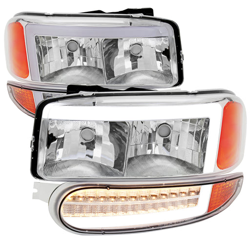 Spec-D 00-06 Gmc Sierra Yukon Denali Headlight And Led Bumer Light Chrome Housing And Clear Lens With Led Bar 2LBLH-DEN00-G3-RS