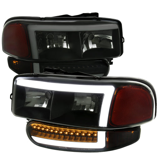 Spec-D 00-06 Gmc Sierra Yukon Denali Headlight And Led Bumer Light Matte Black Housing And Smoked Lens With Led Bar 2LBLH-DEN00SM-G3-RS
