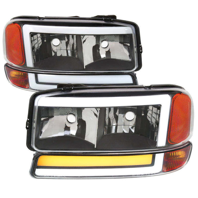Spec-D 99-07 Gmc Sierra 00-06 Gmc Yukon/ Yukon Xl Headlight And Bumper Light Combo With Led Bar Matte Black Housing And Clear Lens - Uses Stock Bulbs - Not Compatible Denali Models 2LBLH-GMC99JM-G3-RS