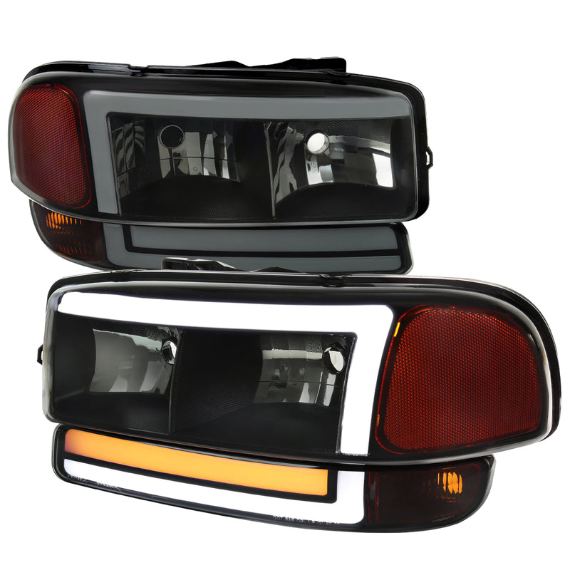 Spec-D 99-07 Gmc Sierra 00-06 Gmc Yukon/ Yukon Xl Headlight And Bumper Light Combo With Led Bar Matte Black Housing And Smoked Lens - Uses Stock Bulbs - Not Compatible Denali Models 2LBLH-GMC99SM-G3-RS