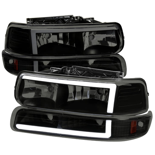 Spec-D 99-02 Chevrolet Silverado Matte Black Housing Smoked Lens With Amber Reflector And Led Bar 2LBLH-SIV99SM-G3-RS
