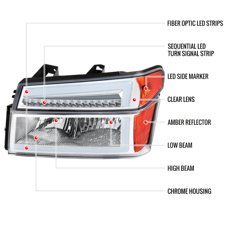 Spec-D 04-12 Chevrolet Colorado Gmc Canyon Headlights With Led Bar And Parking Lights With Led Bar Chrome Housing Clear Lens Switchback Sequential Turn Signal - 9006 Low Beam 9005 High Beam Not Included 2LCLH-COL04-G3-RS