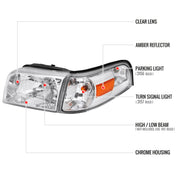 Spec-D 06-11 Mercury Grand Marquis Headlights And Corner Light Combo Chrome Housing Clear Lens With Amber Reflector - Turn Signal Bulbs Included 2LCLH-GMAR06-GO