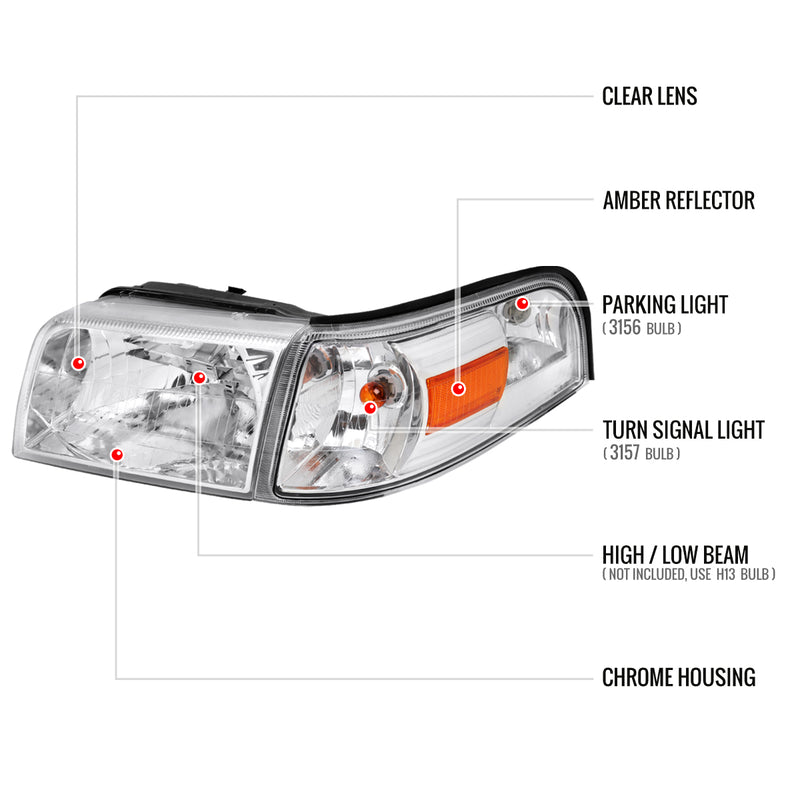 Spec-D 06-11 Mercury Grand Marquis Headlights And Corner Light Combo Chrome Housing Clear Lens With Amber Reflector - Turn Signal Bulbs Included 2LCLH-GMAR06-GO