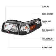 Spec-D 06-11 Mercury Grand Marquis Headlights And Corner Light Combo Black Housing Clear Lens With Amber Reflector - Turn Signal Bulbs Included 2LCLH-GMAR06JM-GO