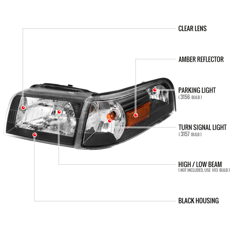 Spec-D 06-11 Mercury Grand Marquis Headlights And Corner Light Combo Black Housing Clear Lens With Amber Reflector - Turn Signal Bulbs Included 2LCLH-GMAR06JM-GO