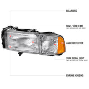 Spec-D 99-01 Dodge Ram 1500 2500 3500 Headlights And Corner Lights Chrome Housing Clear Lens Amber Reflector 2LCLH-RAM94-GO
