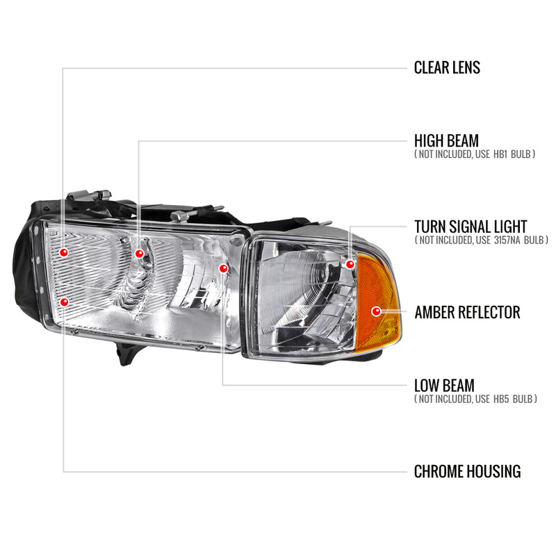 Spec-D 99-01 Dodge Ram 1500 2500 3500 Sport Headlights And Corner Lights Chrome Housing Clear Lens Amber Reflector 2LCLH-RAM99S-GO