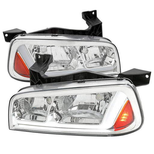 Spec-D 06-10 Dodge Charger Headlights With Led Bar Chrome Housing Clear Lens - Amber Reflector  Led Bar Park & Sequential Signal Light Included  Use Stock 9006 Xs Low & 9005 Xs 2LH-CHG05-G3-RS