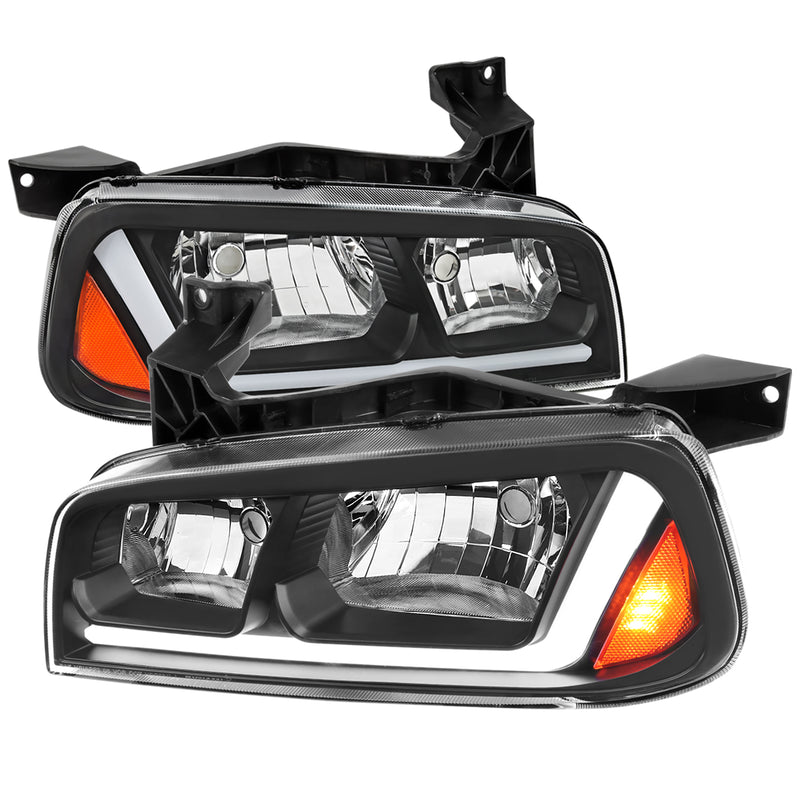 Spec-D 06-10 Dodge Charger Headlights With Led Bar Matte Black Housing Clear Lens - Amber Reflector  Led Bar Park & Sequential Signal Light Included  Use Stock 9006 Xs Low & 9005 Xs 2LH-CHG05JM-G3-RS