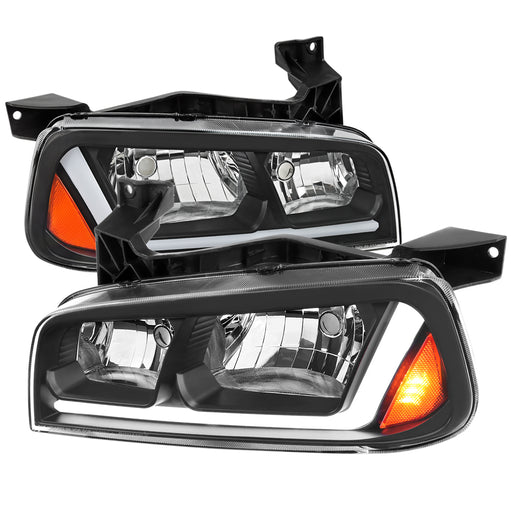 Spec-D 06-10 Dodge Charger Headlights With Led Bar Matte Black Housing Clear Lens - Amber Reflector  Led Bar Park & Sequential Signal Light Included  Use Stock 9006 Xs Low & 9005 Xs 2LH-CHG05JM-G3-RS