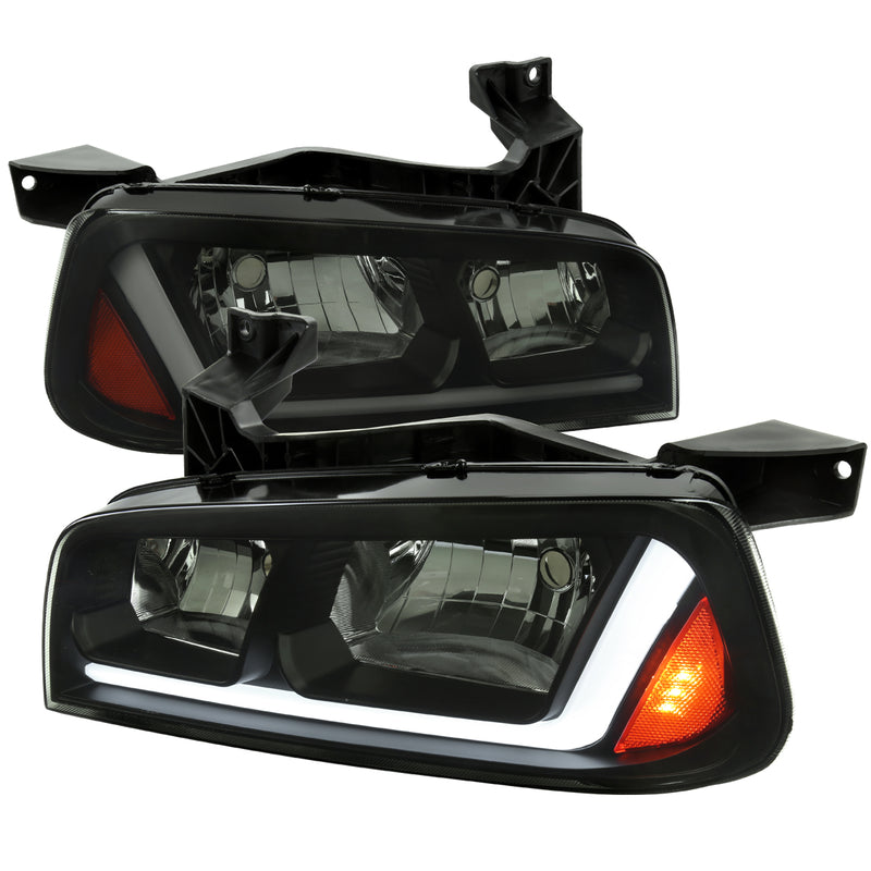 Spec-D 06-10 Dodge Charger Headlights With Led Bar Matte Black Housing Smoked Lens - Amber Reflector  Led Bar Park & Sequential Signal Light Included  Use Stock 9006 Xs Low & 9005 Xs 2LH-CHG05SM-G3-RS
