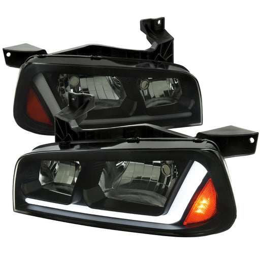 Spec-D 06-10 Dodge Charger Headlights With Led Bar Matte Black Housing Smoked Lens - Amber Reflector  Led Bar Park & Sequential Signal Light Included  Use Stock 9006 Xs Low & 9005 Xs 2LH-CHG05SM-G3-RS