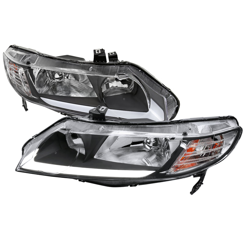 Spec-D 06-11 Honda Civic 4 Door Sedan Oe Style Headlights With Led Bar Black Housing And Clear Lens - Uses Stock Bulbs 2LH-CV064JM-G3-GO