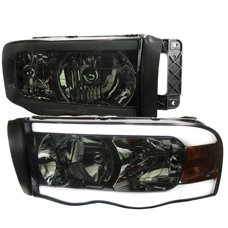 Spec-D 02-05 Dodge Ram Headlights With Led Bar Chrome Housing Smoked Lens 2LH-DGP02G-G3-GO