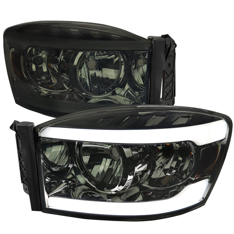 Spec-D 06-08 Dodge Ram Healights With Led Bar Chrome Housing And Smoked Lens 2LH-DGP06G-G3-GO
