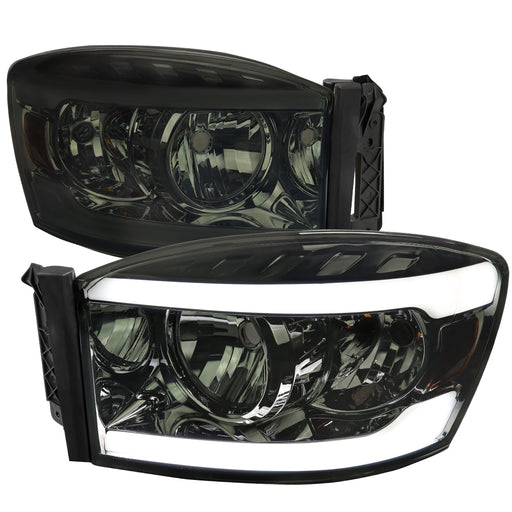 Spec-D 06-08 Dodge Ram Healights With Led Bar Chrome Housing And Smoked Lens 2LH-DGP06G-G3-GO