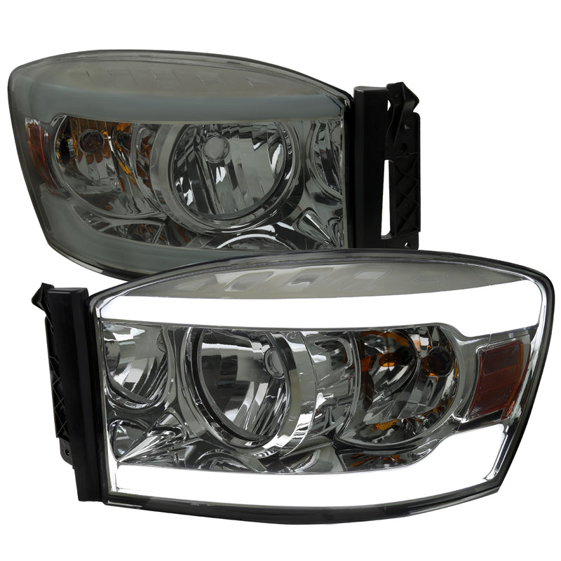 Spec-D 06-08 Dodge Ram Headlights With Led Bar Chrome Housing Light Smoked Lens - Bulbs Not Included 2LH-DGP06LG-G3-GO