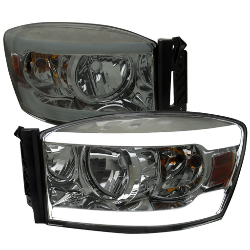 Spec-D 06-08 Dodge Ram Headlights With Led Bar Chrome Housing Light Smoked Lens - Bulbs Not Included 2LH-DGP06LG-G3-GO