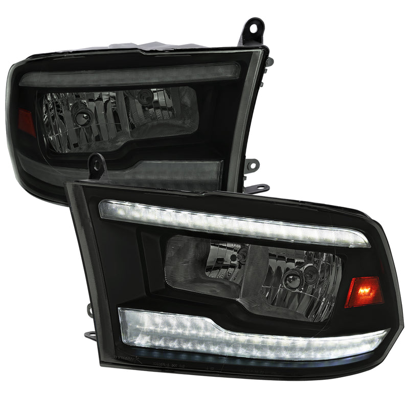 Spec-D 09-19 Dodge Ram Switchback Led Bar Headlight Matte Black Housing And Smoked Lens - Facelift Style - Amber Reflector - Led Sequential Signal - Breathing Light Effect - H7 Low Beam H7 High Beam 2LH-DGP09SM-G3-RS
