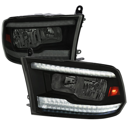 Spec-D 09-19 Dodge Ram Switchback Led Bar Headlight Matte Black Housing And Smoked Lens - Facelift Style - Amber Reflector - Led Sequential Signal - Breathing Light Effect - H7 Low Beam H7 High Beam 2LH-DGP09SM-G3-RS