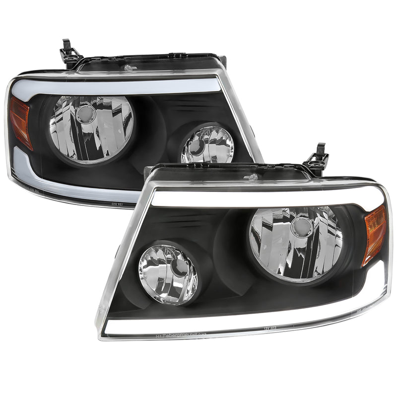 Spec-D 04-08 Ford F-150 Headlights With Led Bar Clear Lens Matte Black Housing And Amber Reflector 2LH-F15004JM-G3-GO