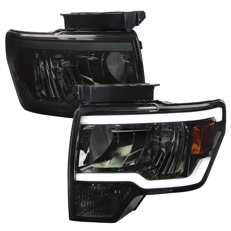Spec-D 09-14 Ford F-150 Healights With Led Bar Chrome Housing And Smoked Lens 2LH-F15009G-G3-GO