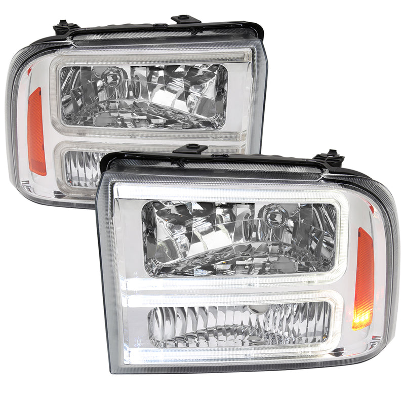 Spec-D 05-07 Ford F250 F350 Headlights With Led Bar Chrome Housing Clear Lens Amber Reflector - Uses Stock Bulbs 2LH-F25005-G3-RS
