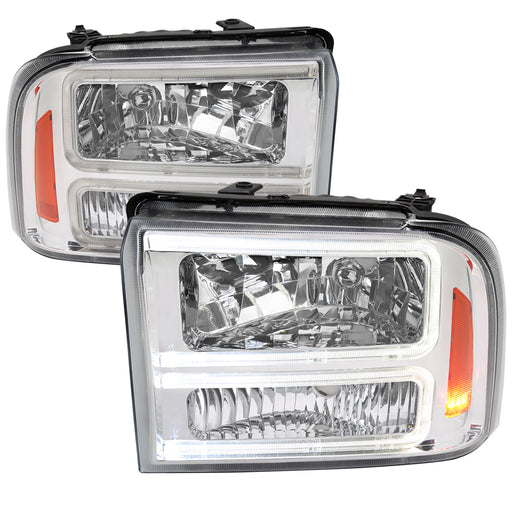 Spec-D 05-07 Ford F250 F350 Headlights With Led Bar Chrome Housing Clear Lens Amber Reflector - Uses Stock Bulbs 2LH-F25005-G3-RS
