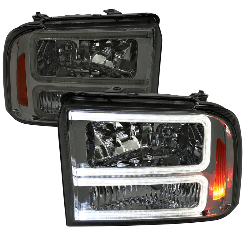 Spec-D 05-07 Ford F250 F350 Headlights With Led Bar Chrome Housing Smoked Lens Amber Reflector - Uses Stock Bulbs 2LH-F25005G-G3-RS