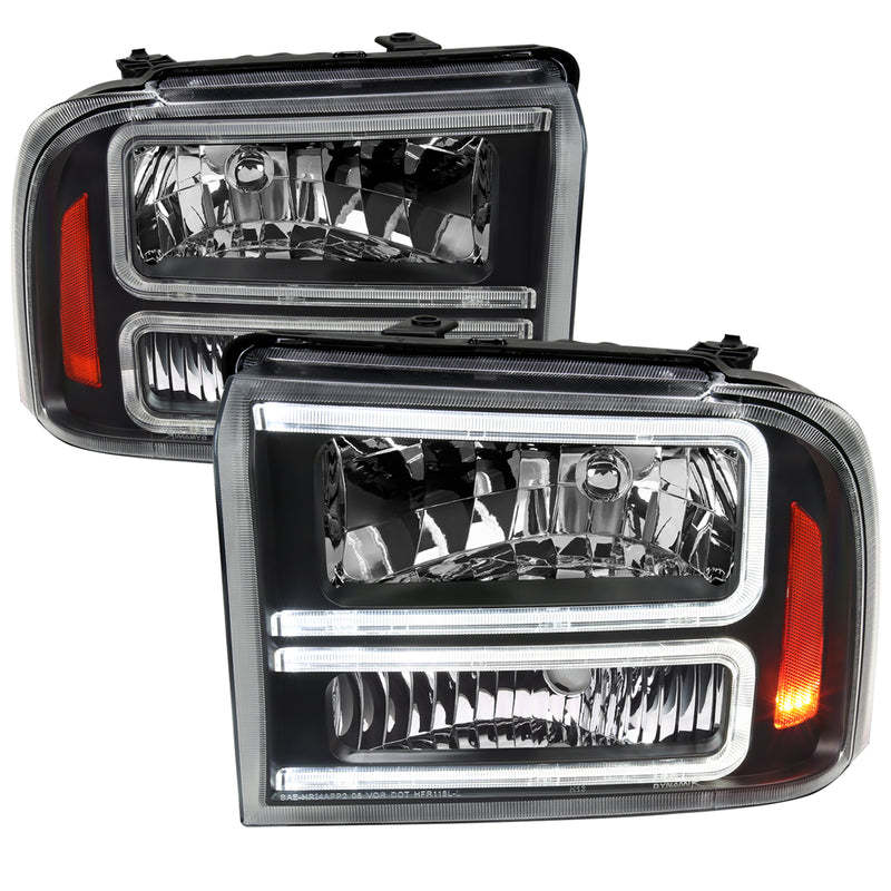 Spec-D 05-07 Ford F250 F350 Headlights With Led Bar Black Housing Clear Lens Amber Reflector - Uses Stock Bulbs 2LH-F25005JM-G3-RS