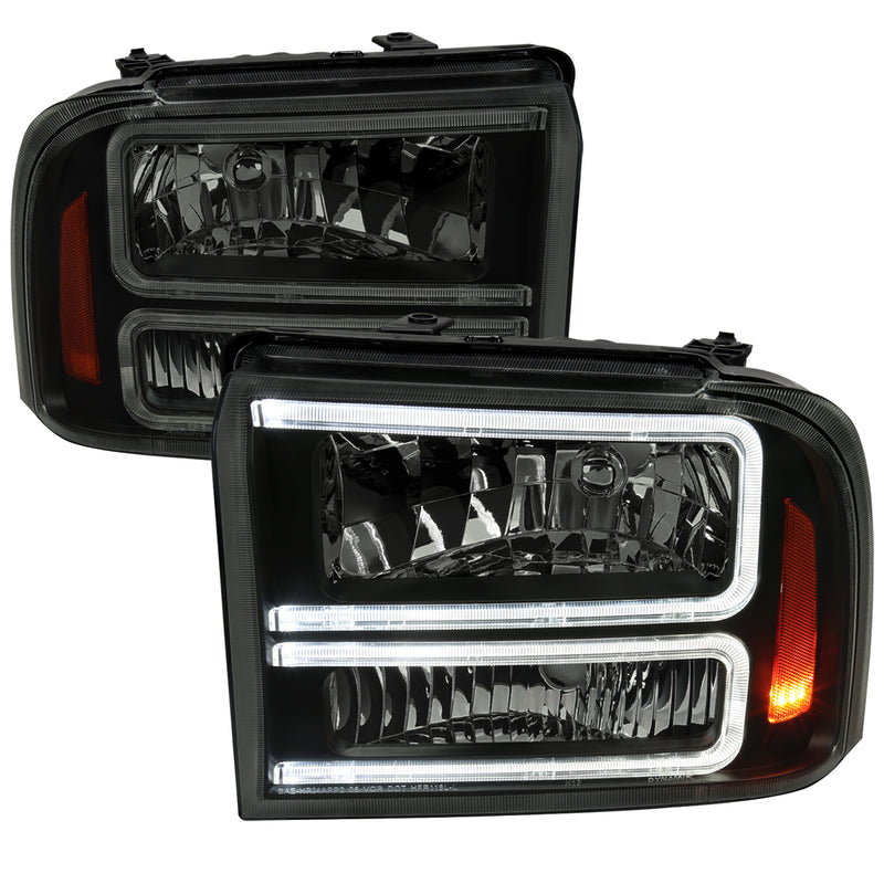 Spec-D 05-07 Ford F250 F350 Headlights With Led Bar Black Housing Smoked Lens Amber Reflector - Uses Stock Bulbs 2LH-F25005SM-G3-RS