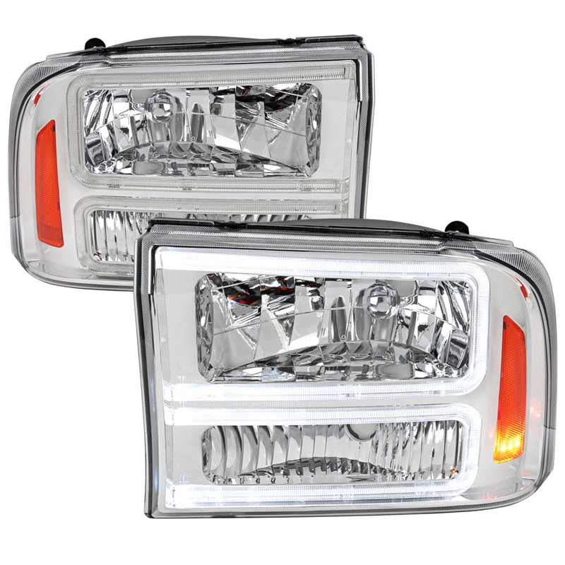 Spec-D 99-04 Ford F250 F350 1 Piece Headlights With Led Bar Chrome Housing And Clear Lens Amber Reflector - Uses Stock Bulbs 2LH-F25099-G3-RS
