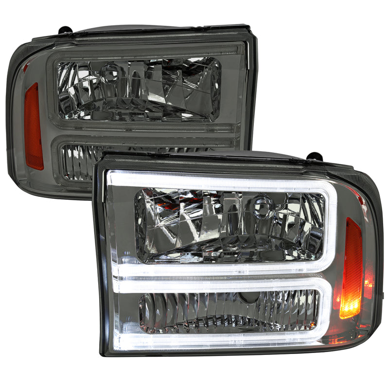 Spec-D 99-04 Ford F250 F350 1 Piece Headlights With Led Bar Chrome Housing And Smoked Lens Amber Reflector - Uses Stock Bulbs 2LH-F25099G-G3-RS