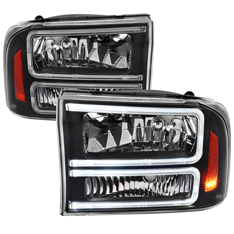 Spec-D 99-04 Ford F250 F350 1 Piece Headlights With Led Bar Black Housing And Clear Lens Amber Reflector - Uses Stock Bulbs 2LH-F25099JM-G3-RS