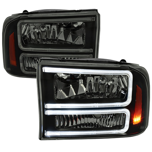 Spec-D 99-04 Ford F250 F350 1 Piece Headlights With Led Bar Black Housing And Smoked Lens Amber Reflector - Uses Stock Bulbs 2LH-F25099SM-G3-RS