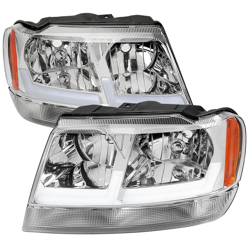 Spec-D 99-04 Jeep Grand Cherokee Led Bar Headlights With Chrome Housing And Clear Lens Amber Reflector - Uses Stock Bulbs 2LH-GKEE99-G3-RS