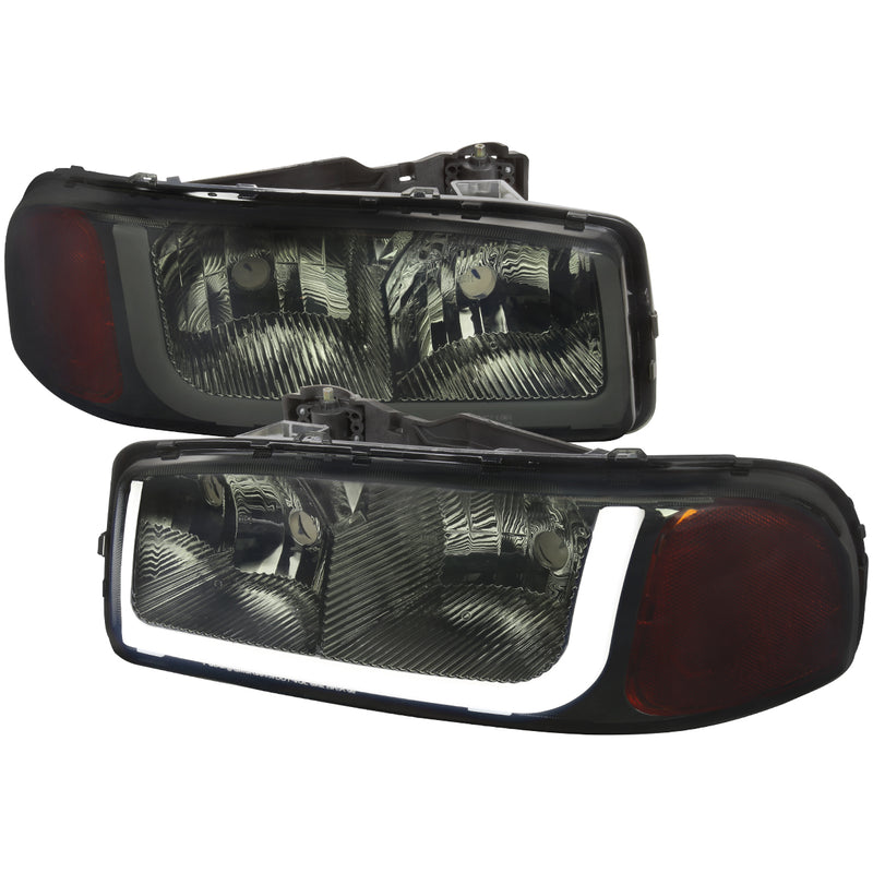 Spec-D 99-06 Gmc Sierra Headlights With Led Bar Chrome Housing And Smoked Lens 2LH-GMC99G-G3-GO