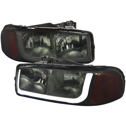 Spec-D 99-06 Gmc Sierra Headlights With Led Bar Chrome Housing And Smoked Lens 2LH-GMC99G-G3-GO