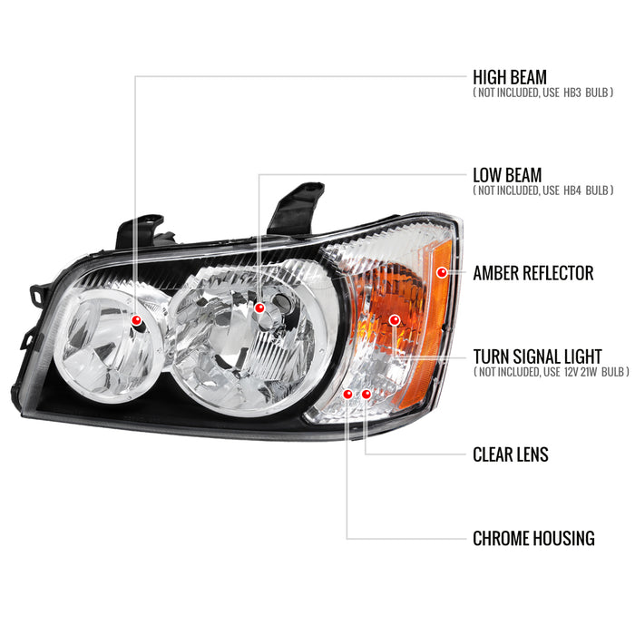 Spec-D 01-03 Toyota Highlander Headlights With Chrome Housing And Clear Lens - No Bulbs Included 2LH-HLDR01-GO
