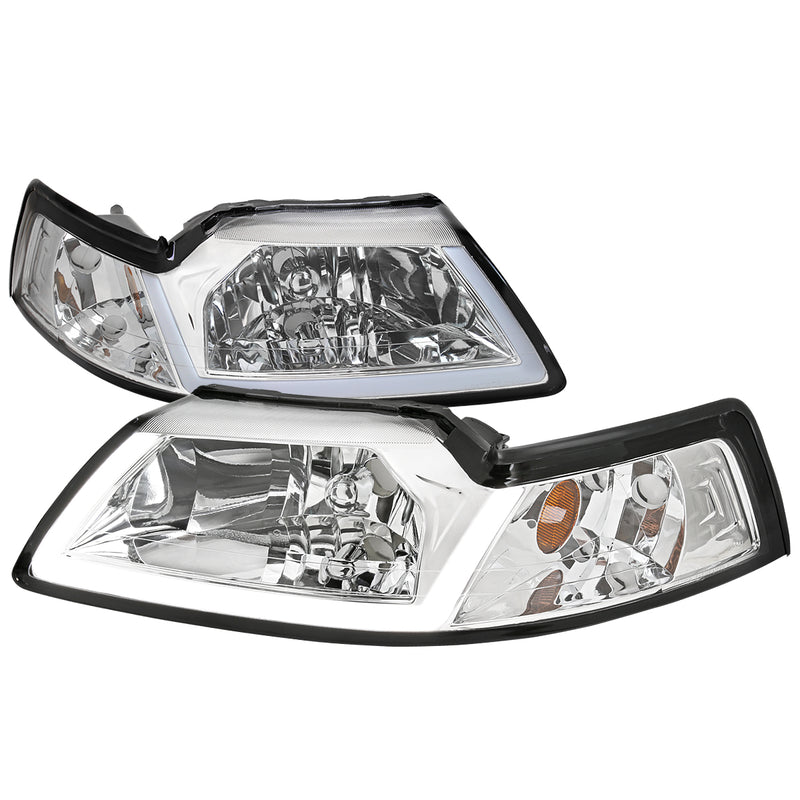 Spec-D 99-04 Ford Mustang Oe Headlights With Led Bar Chrome Housing And Clear Lens 2LH-MST99-G3-GO